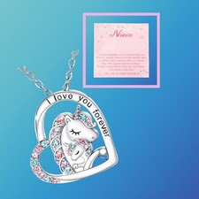 Niece Bonded Unicorn Heart Necklace I Love You Forever Silver Tone 16 18in