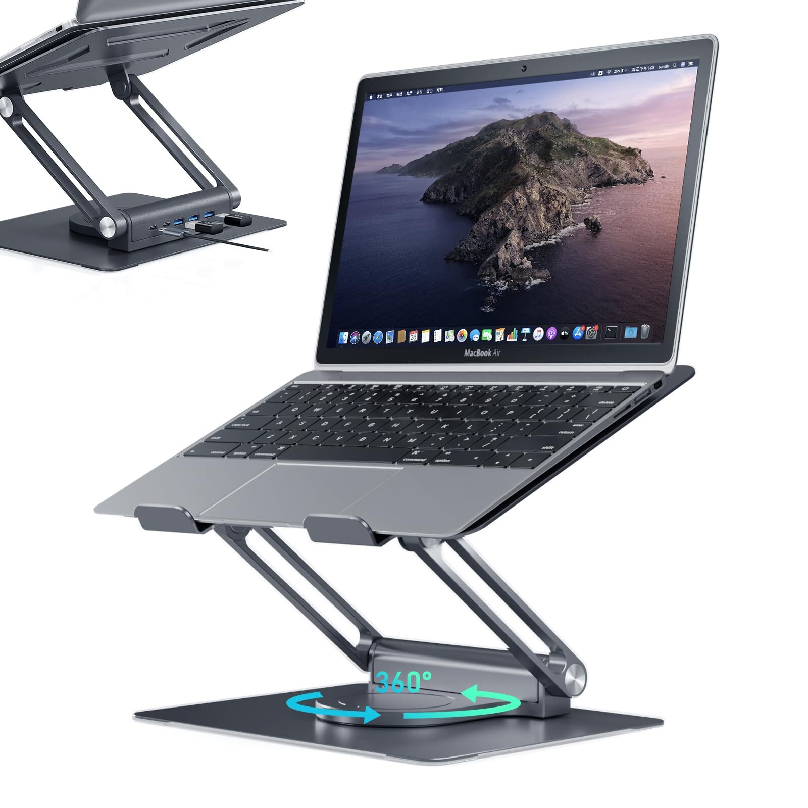 Adjustable Aluminum Laptop Stand with Dual USB-C and USB-A Ports for Desk-image