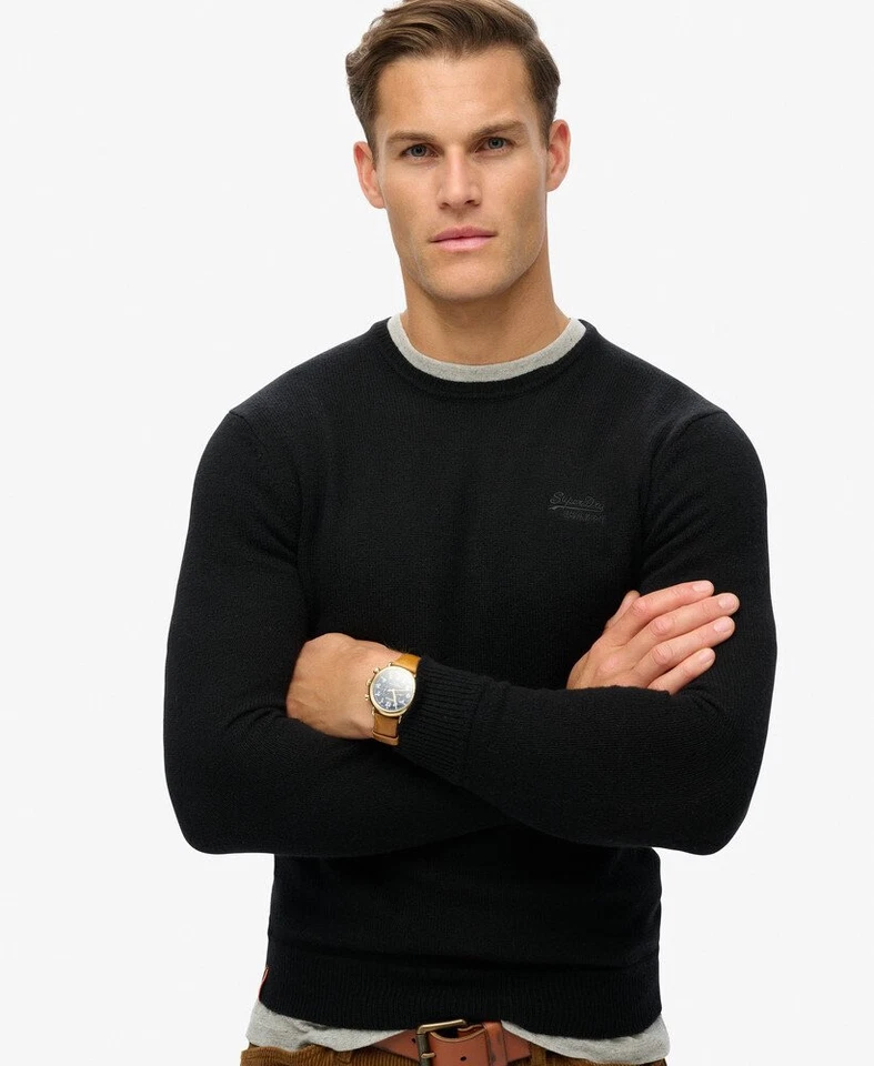 Superdry Jumper Crew Neck Knitted Long Sleeve Pullover Wool Cotton Mix Black - Image 2 of 4