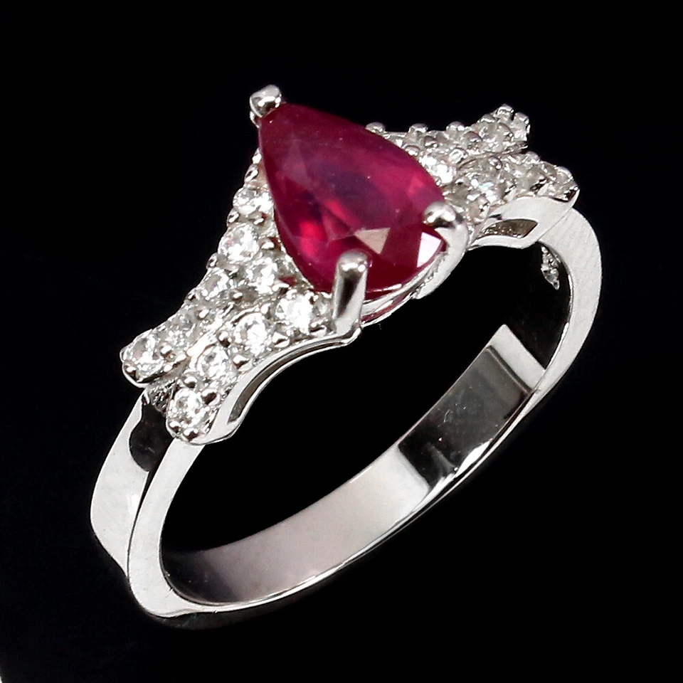 925 Sterling Silver Ring Pear Ruby 7x5mm Simulated Cz Gemstone Jewelry Size 7.5 - Image 2 of 4