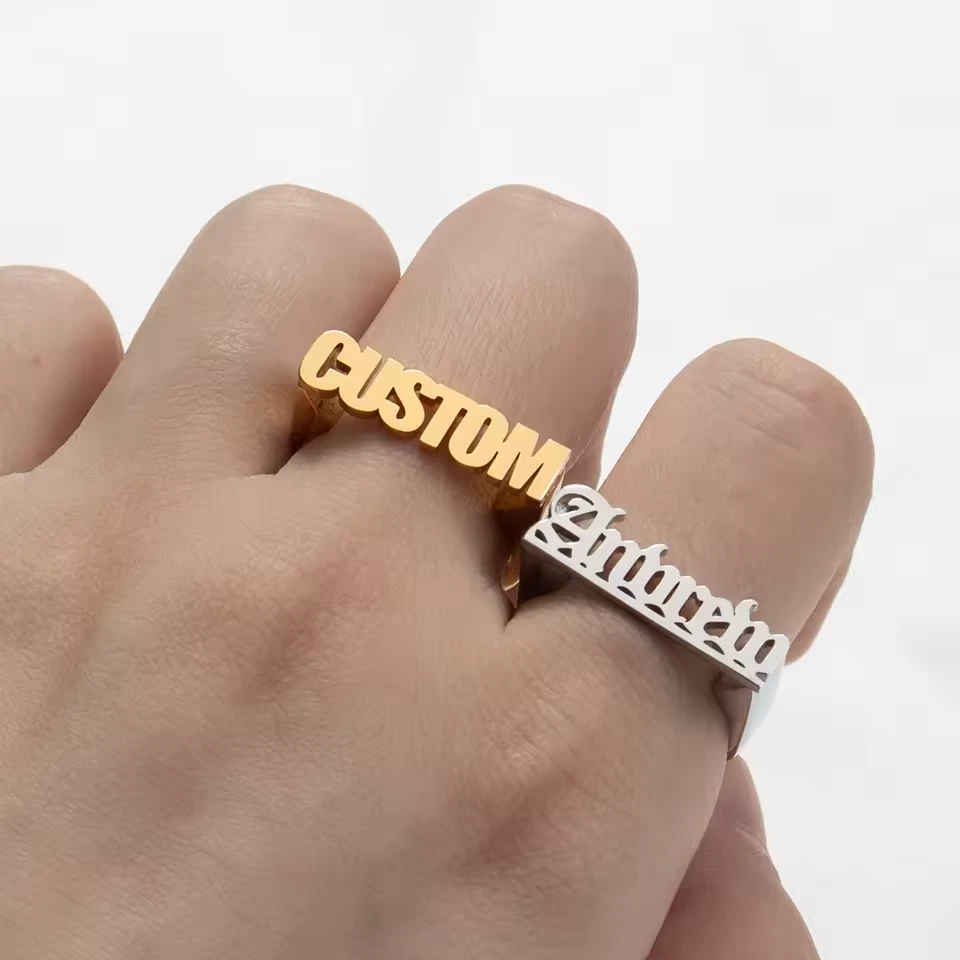 Anillo con nombre personalizado banda joyería acero inoxidable placa de identificación personalizada oro plata Foto 2 de 4