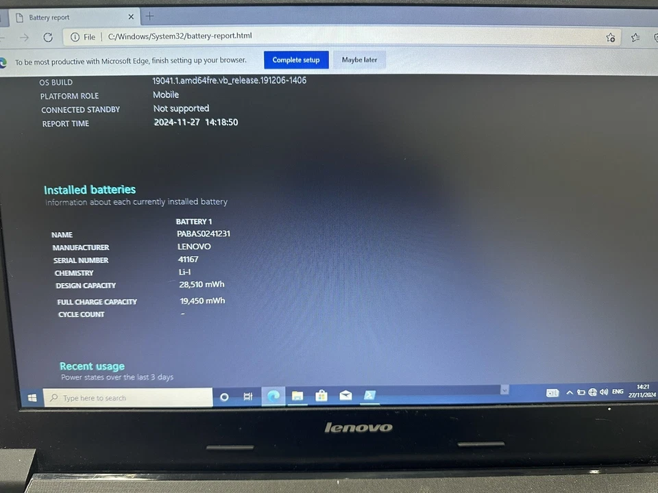 Lenovo Laptop B50-70 i3 Intel Core 4005U 1.70GH8GB Ram 256GB SSD Windows 10 Pro - Image 4 of 4