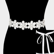 Crystal Rhinestone Ribbon Sash Belt Evening Wedding Bridal Kimono White Flower