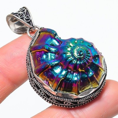 Ammolite Fossil Gemstone Vintage Pendant Handmade Beautiful Jewelry 2.3'' VP 3010