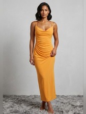 Zara Double Spaghetti Strap Cowl Neck Maxi Dress in Mustard Yellow Size S