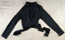 Pretty Little Thing Black Womens Size M Wrap Tie Collared Long Sleeve Blouse