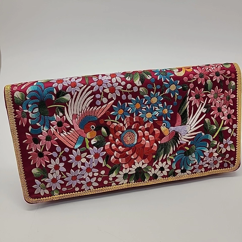 Vtg 60s Asian Embroidery Purse Bag Clutch Red Silk Gold Birds Floral Colorful - Image 4 of 4