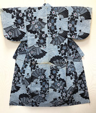 Vintage Japanese Yukata Kimono Light Blue Floral Folding Fan Cotton Robe 60"