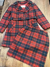 VINTAGE Pendleton Women's Virgin Wool Coat with Skirt SET Red Plaid USA Size S/4