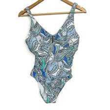 Alex Marie Size 8 One-Piece Swimsuit Blue V-Neck Paisley Ruched