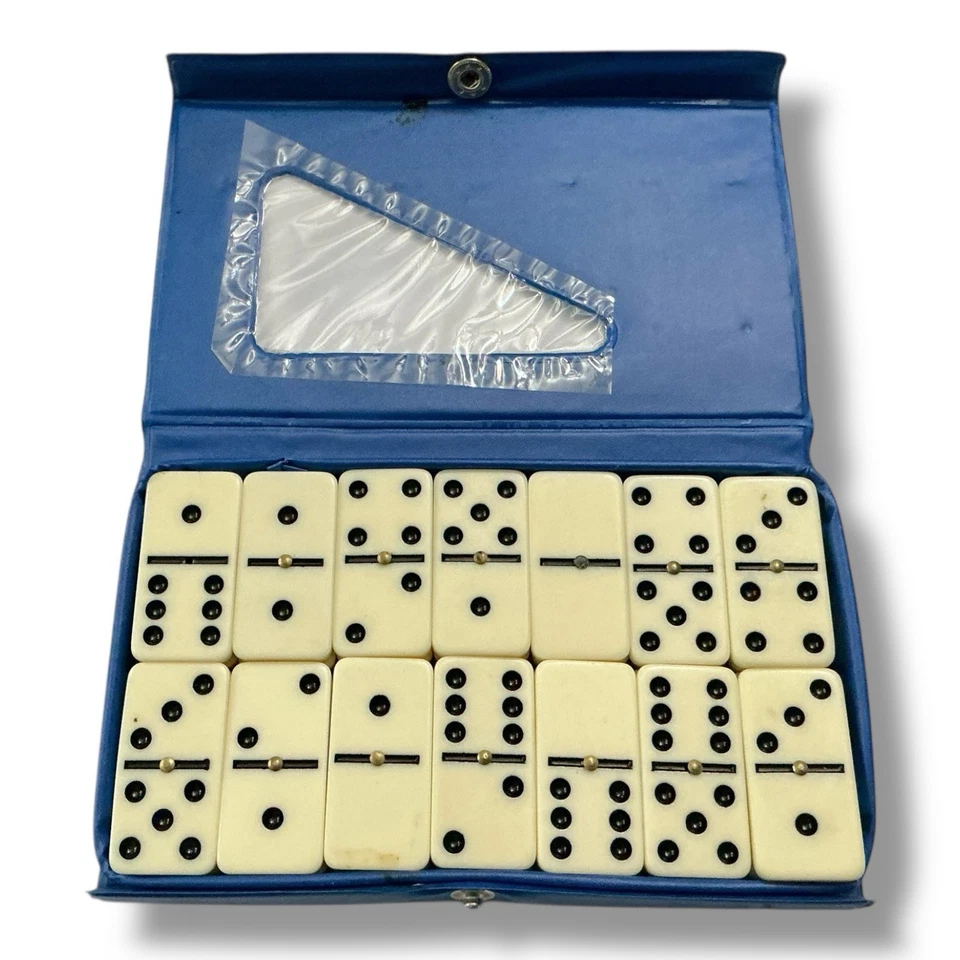 Vintage Dominoes Set 28pcs W/ Blue Case Brass Spinner Double Six - Image 2 of 4