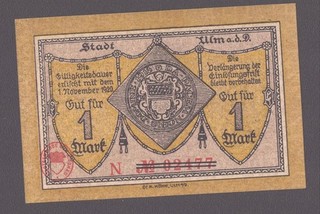 Ulm a.d.D. Stadt; 1 Mark vom 22. Oktober 1918; Serie „N“ entwertet