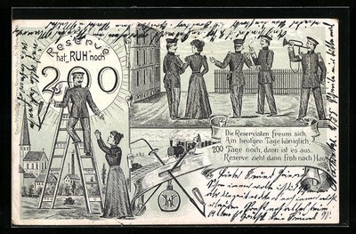 Ansichtskarte Reserve hat Ruh, Soldat auf einer Leiter, Eisenbahn 1902 