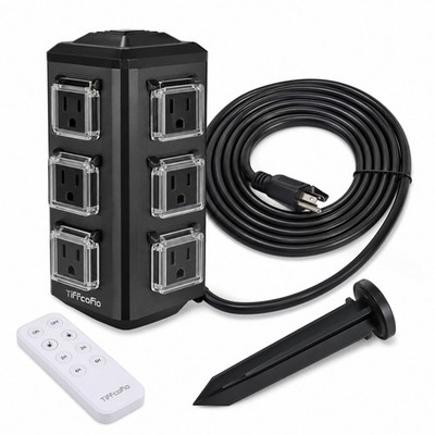 New TiFFCOFiO 100FT Outdoor Power Stake 6 Outlet Extension Cord 14AWG 1875W