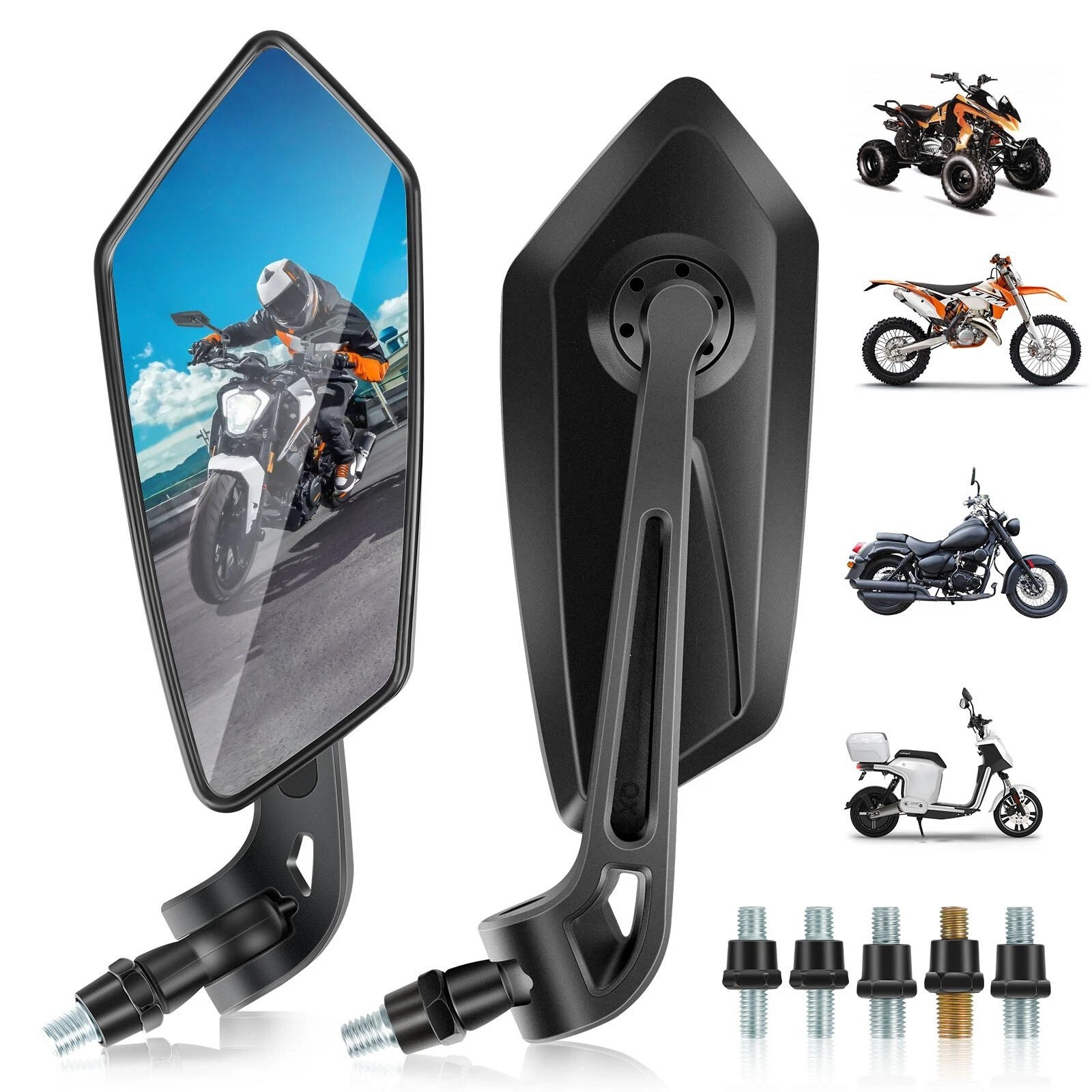 Pair Universal Motorcycle Bike Rear View Side Mirrors 8mm 10mm Chopper Bobber