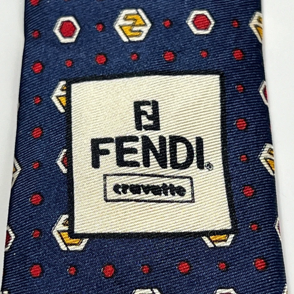 Corbata tejida geométrica 100 % seda azul rojo blanco Fendi hecha en Italia para hombre Foto 3 de 4