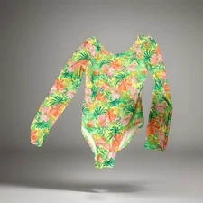 Art Class Swimsuit Girls Large 10/12 Green Floral Long Sleeve Cutout Back UPF50