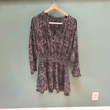 Rails Jasmine Dress Olive Static Animal Print V Neck Smocked Waist Long Sleeve L