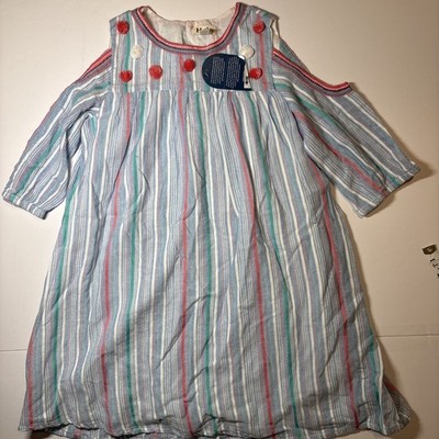 Hatley Girls Size 10 Summer Stripe Cold Shoulder Dress Blue Pom Poms