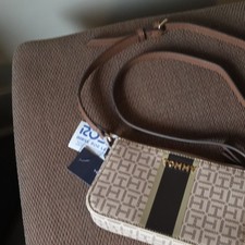 Tommy Hilfiger Monogram Logo Zip Small Crossbody Bag Beige/Brown Gold Strap