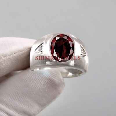 Natural Garnet Gemstone With 14K White Gold Plated Silver Ring For Men's #1431