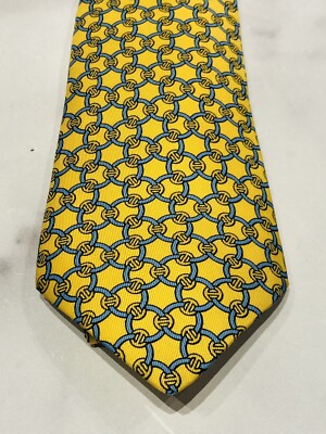 HERMES Paris Yellow Blue 100% Silk Chain Pattern Tie | eBay UK