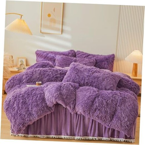 Fluffy Faux Fur Comforter Cover Set,Fluffy Fuzzy Plush Bedding Queen Purple