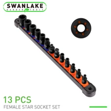 New 13pc Female E Torx Torque Star Socket Bit Set on Snap in Rail E4-E20