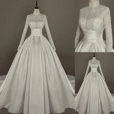 Muslim Long Sleeve Wedding Dresses High Neck Satin Lace Appliques Bridal Gowns