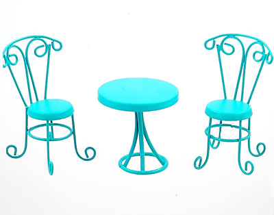MINIATURE TURQUOISE METAL BISTRO TABLE & CHAIRS FAIRY GARDEN/ DOLLHOUSE 3 pc SET