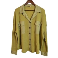 Ces Femme Womens Waffle Knit Top Mustard Green Front Pockets Long Sleeves XLarge