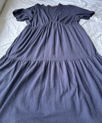 boden jersey seersucker dress Boden Women's Jersey Seersucker Dress Size 16/18 Tiered Puff Sleeve V-Neck Navy