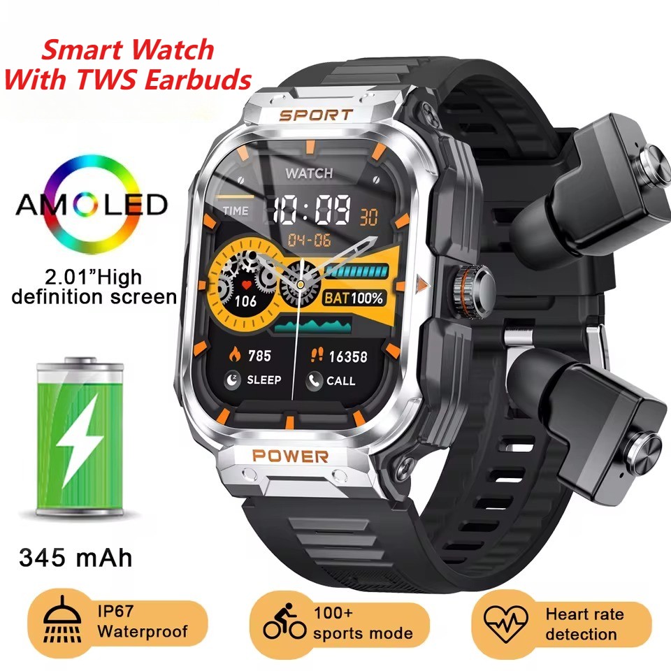 2 In 1 Smart Watch With TWS Earbuds Bluetooth Fitness Tracker For IPhone Android