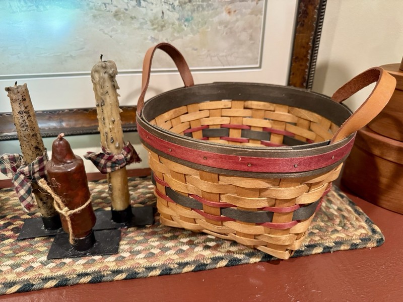 Vintage Ohio Woven Basket w/ Leather Handles & Three Grungy Candles W/Holders