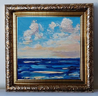 Framed Calm Seascape Cloudy Sky Sunset Clouds Art 4x4 inch Original Oil Painting