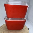 Set Of 2 VTG Fridgies W/Matching Lids 1)Pyrex Primary Red & Clear 1) Marked 11