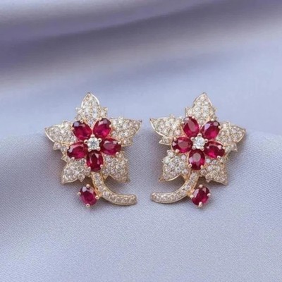 4Ct Oval Cut Lab Created Red Ruby Floral Stud Earrings 14K Rose Gold Plated