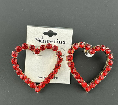 VTG Angelina Red Rhinestone Heart Earrings Pierced Faceted 1.75'' High & Wide NWT