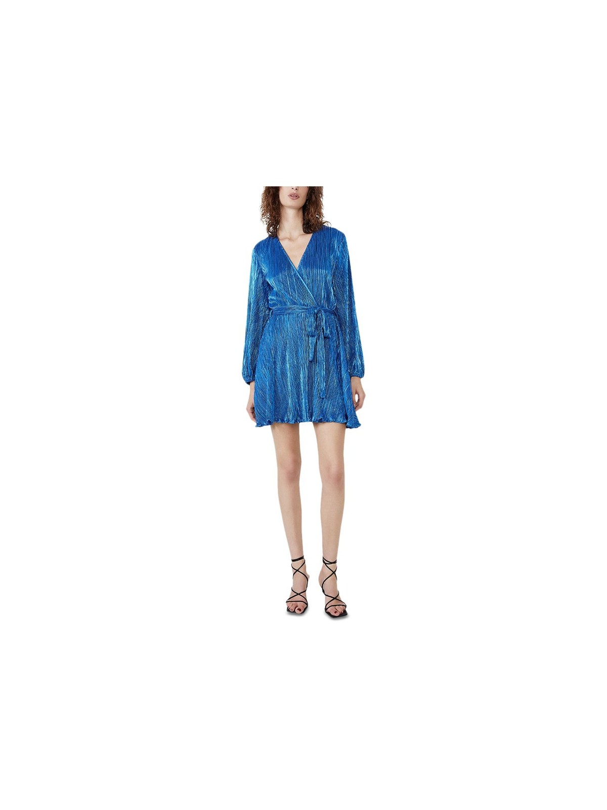 BARDOT Womens Blue Belted Shimmer Long Sleeve Short Faux Wrap Dress L