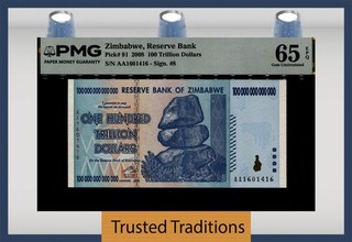 TT PK 91 2008 ZIMBABWE RESERVE BANK 100 TRILLION PMG 65 EPQ GEM UNCIRCULATED