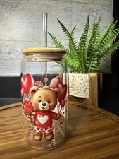 Valentine Cute Bear Glass Cup 16 Oz With Bamboo Lid And Straw
