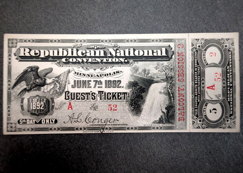1892 Republican National Convention Ticket Unused Minty Day 5 Benjamin Harrison