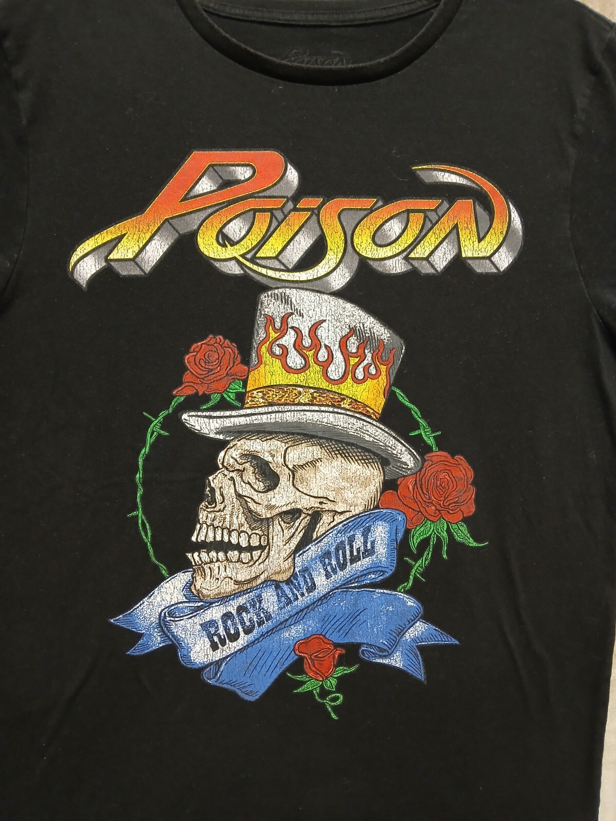 Poison T-Shirt Mens Large Rock & Roll Heavy Metal Band Skull Cotton Black