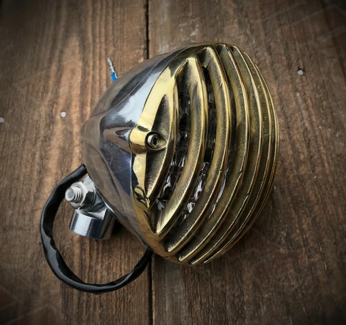 Custom Chopper Bobber Cafe Headlight Scalloped Headlight Alloy Brass Grill