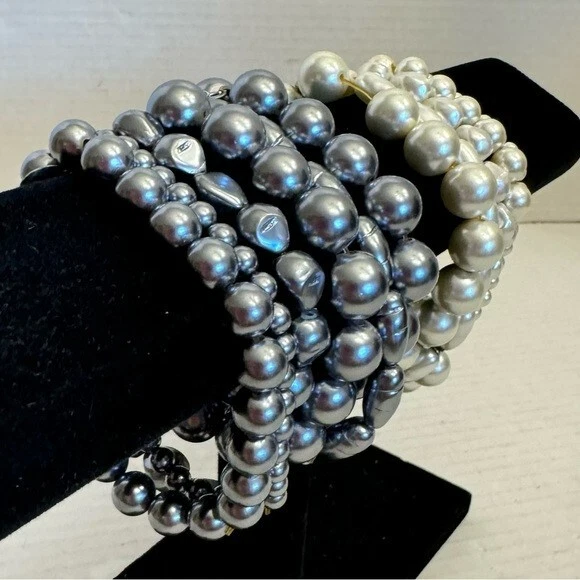CHICO’S SET OF 2 Faux Pearl Multi Strand Stretch BRACELET 6 Strand Stack Chunky - Image 2 of 4