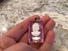 Vtg Lucite Pink Clear White Cameo Victorian Lady necklace pendant