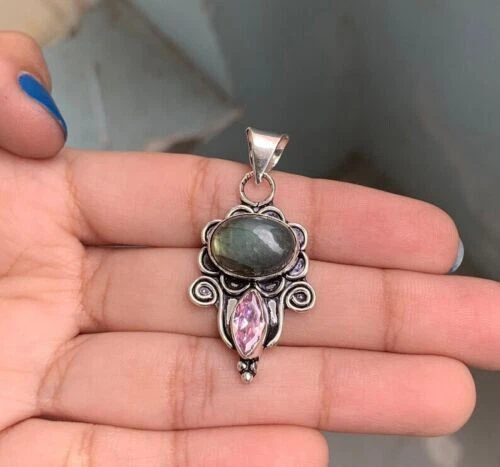 Labradorite, Rosa Kunzite Gemma 925 Argento Sterling Fatto a Mano Ciondolo S-43 - Immagine 3 di 4