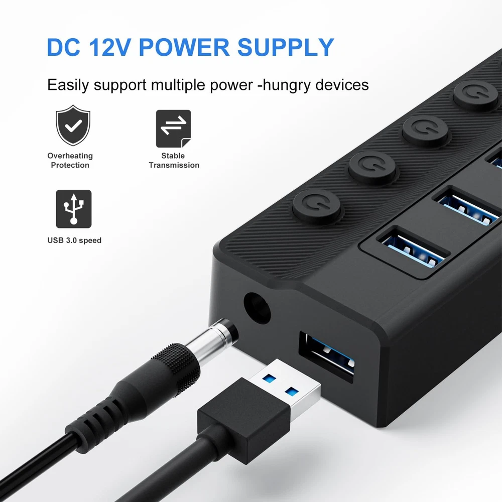 Powered USB Hub 3.0, 10-Port USB Splitter Hub with Individual On/Off Switches an