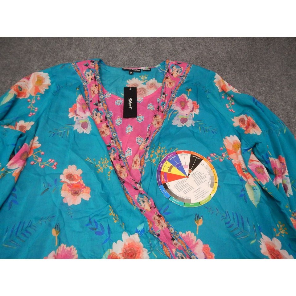 Tolani Collection Blouse Top Plus Size 2X Floral Wrap Turquoise Pink