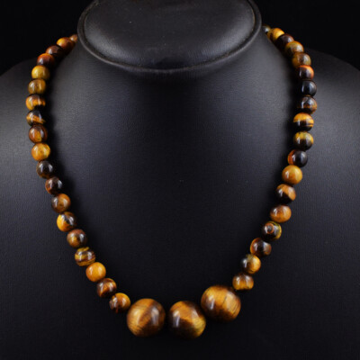 324 Cts Natural Golden Tiger Eye Round Shape Beaded Womens Necklace JK 14E425